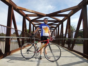 Bridge and bicyclist over Ballona